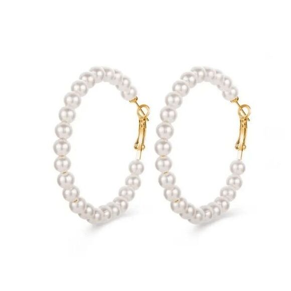 Pearl Gold Toned Hoop Earrings - Picture 5 of 5